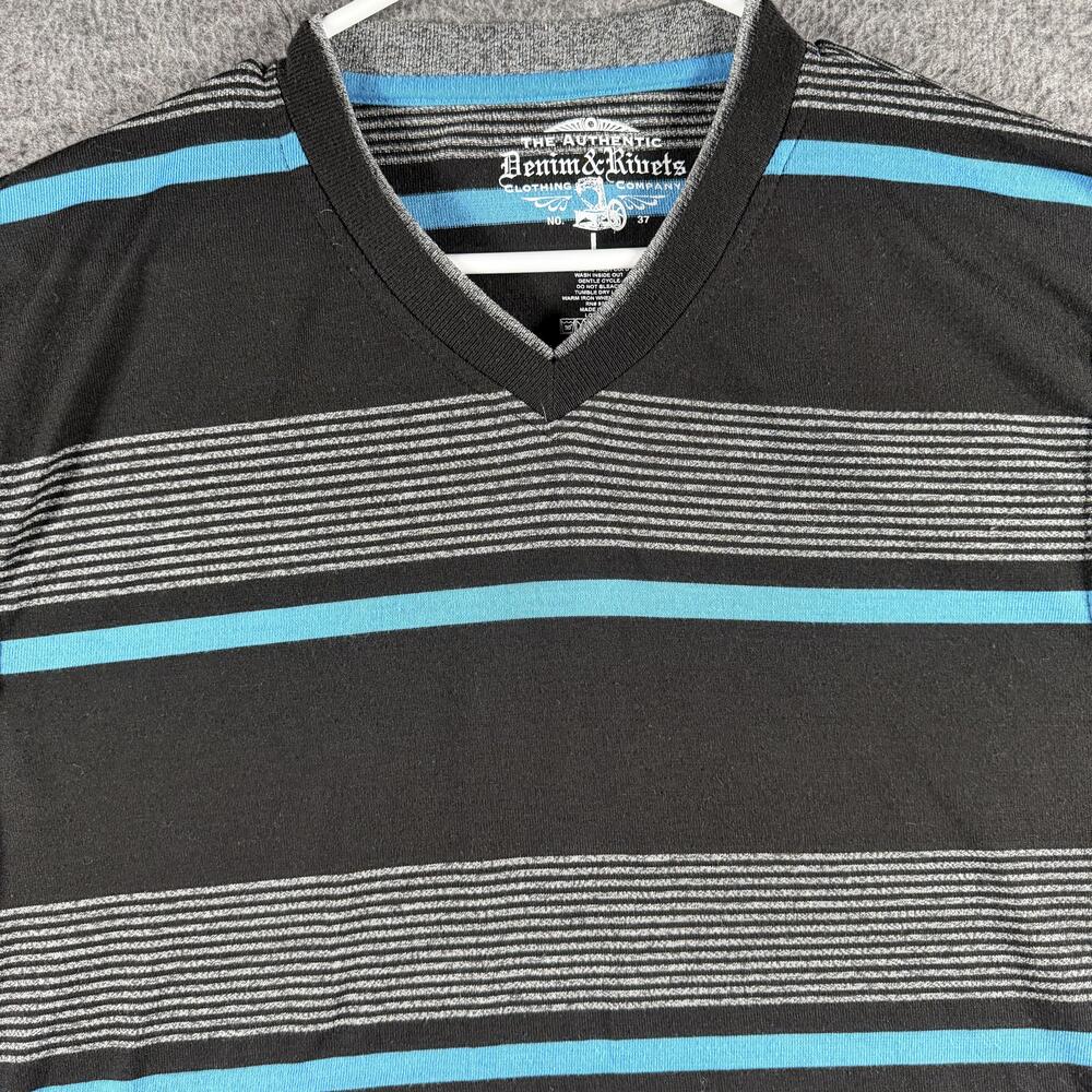 Denim & Rivets Shirt Mens Large Black Blue Striped V-Neck Casual Jersey Tee